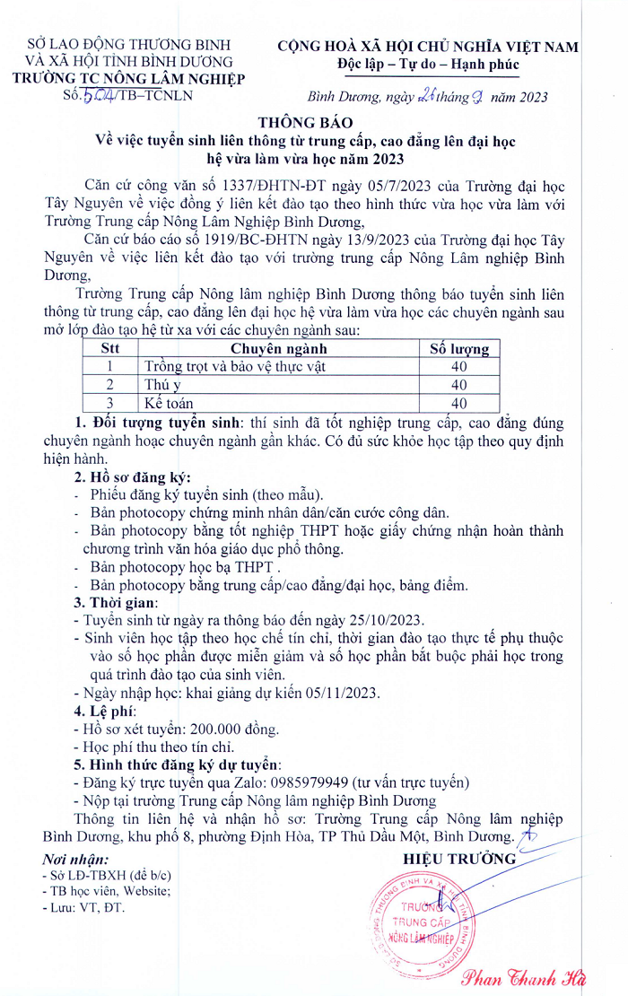 Thông báo tuyển sinh liên thông từ trung cấp, cao đẳng lên đại học hệ vừa làm vừa học năm 2023